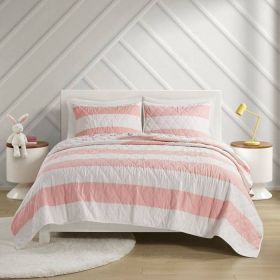 Twin Size 2 Piece Pink White Stripes Reversible Rainbows Cotton Quilt Set