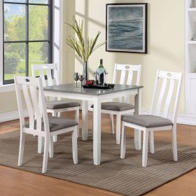 Modern White Solid wood 5pc Dining Set Table 4x Chairs Gray Fabric Cushions Seats Chairs Dining Room