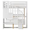 Full Size Loft Bed with Desk and Shelves, Two Built-in Drawers, Storage Staircase, White and Natural