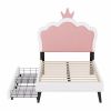 Twin Size Upholstered Princess Bed With Crown Headboard and 2 Drawers,Twin Size Platform Bed with Headboard and Footboard, Pink+White