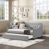 Twin Size Upholstered Daybed with Trundle,Sturdy Wood Bedframe w/ Bedframe Tufted Button & Copper Nail on Arms Design,Perfect for Bedroom