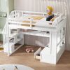 Full Size Loft Bed with Desk and Shelves, Two Built-in Drawers, Storage Staircase, White