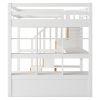 Full Size Loft Bed with Desk and Shelves, Two Built-in Drawers, Storage Staircase, White