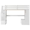 Full Size Loft Bed with Desk and Shelves, Two Built-in Drawers, Storage Staircase, White