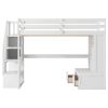 Full Size Loft Bed with Desk and Shelves, Two Built-in Drawers, Storage Staircase, White