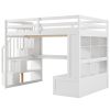 Full Size Loft Bed with Desk and Shelves, Two Built-in Drawers, Storage Staircase, White