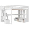 Full Size Loft Bed with Desk and Shelves, Two Built-in Drawers, Storage Staircase, White