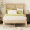 Queen Size Rubber Wooden, Solid Wooden Bed with Rattan Headboard, Enhanced by Support Feet