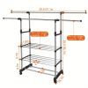 With Wheels Extendable Double Rod Clothing Rack For Hanging Clothes, Rolling Clothes Organizer On Lockable Wheels Mobile Hold