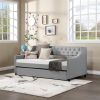 Twin Size Upholstered Daybed with Trundle,Sturdy Wood Bedframe w/ Bedframe Tufted Button & Copper Nail on Arms Design,Perfect for Bedroom