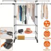 With Wheels Extendable Double Rod Clothing Rack For Hanging Clothes, Rolling Clothes Organizer On Lockable Wheels Mobile Hold