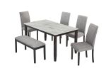 Faux Marble Dining Rectangular Table with Bench, Kitchen Table with Bench for Small Space, 6 Person Wood Dining Table, White +Dark Espresso + Gray