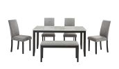 Faux Marble Dining Rectangular Table with Bench, Kitchen Table with Bench for Small Space, 6 Person Wood Dining Table, White +Dark Espresso + Gray